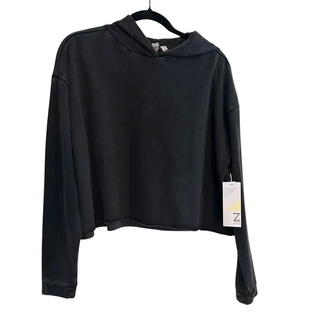NWT Z by Zella Black Cropped Hoodie SIZE L Drop Shoulders Raw Hem